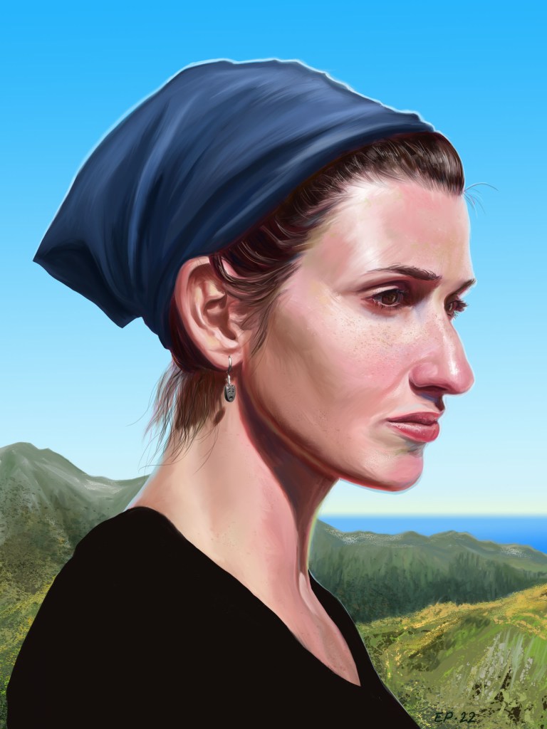 Self-portrait of Emma Pittson wearing a blue kerchief against Owhiro Bay, New Zealand.